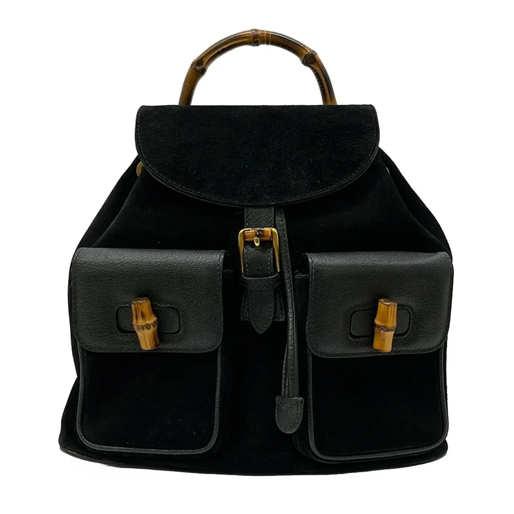Gucci Bamboo Backpack Black Brown Suede Leather